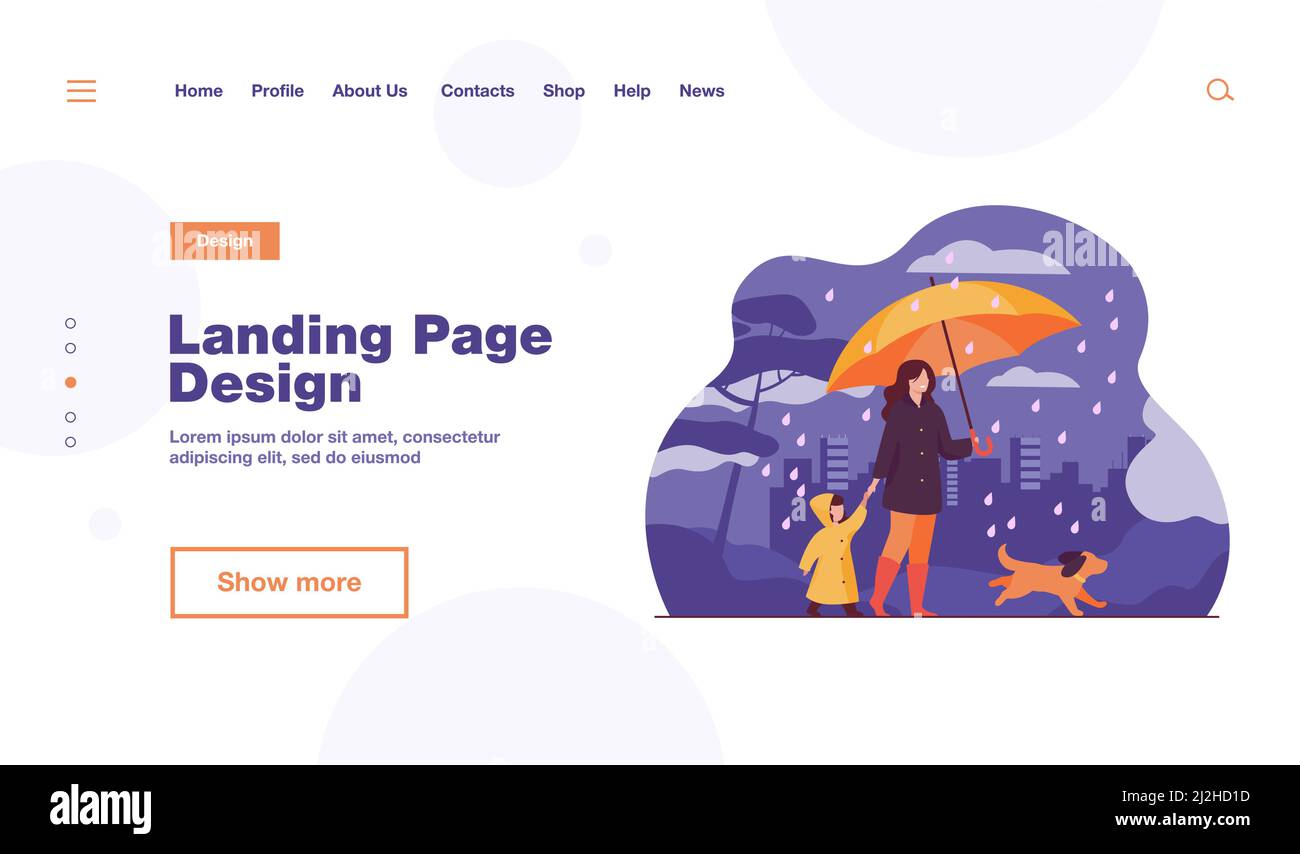 Frau mit Regenschirm, Mädchen im Regenmantel und Hund zu Fuß im Regen im Stadtpark. Vektor-Illustration für Familienaktivitäten, schlechtes Wetter, Regenguss-Konzept Stock Vektor