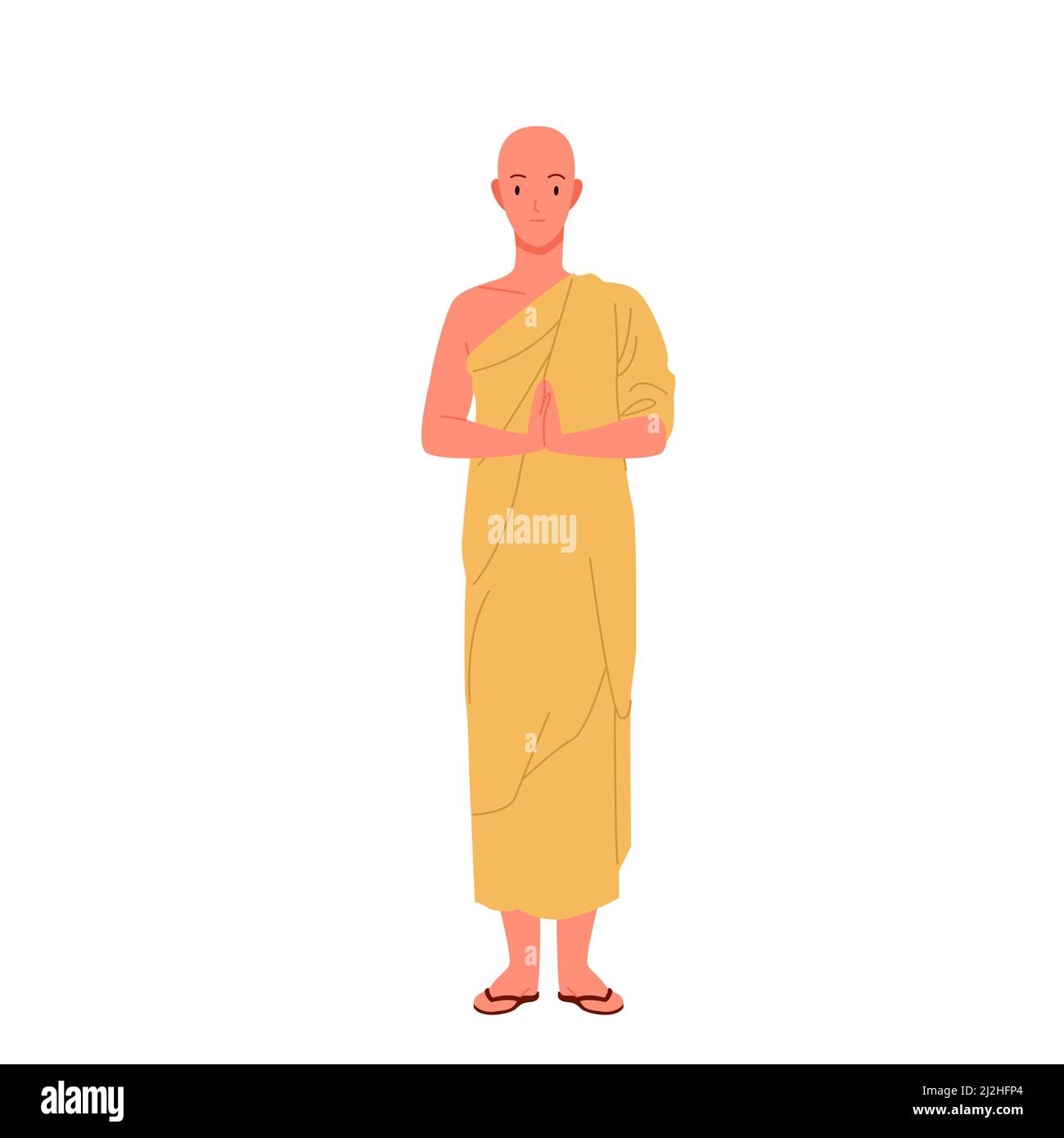 Buddhistischer Mönch aus dem asiatischen Tempel, der in betender Pose steht und mit kahlem männlichem Gebet meditiert Stock Vektor