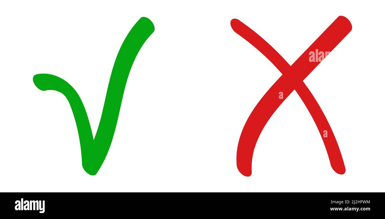 Rotes Kreuz x falsches Zeichen abgelehnt und grünes Häkchen-Symbol Bestätigung der Genehmigung, handgezogen Stock Vektor