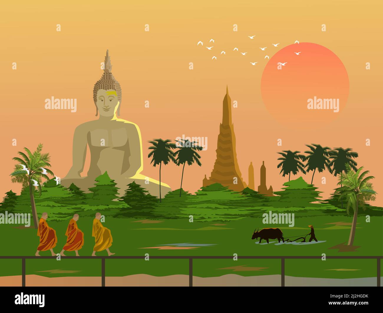 Morgenstimmung im ländlichen Thailand.drei Mönche machen Almosen .Bauern pflügen mit Büffel.Big Buddha und Pagode im Hintergrund Stock Vektor