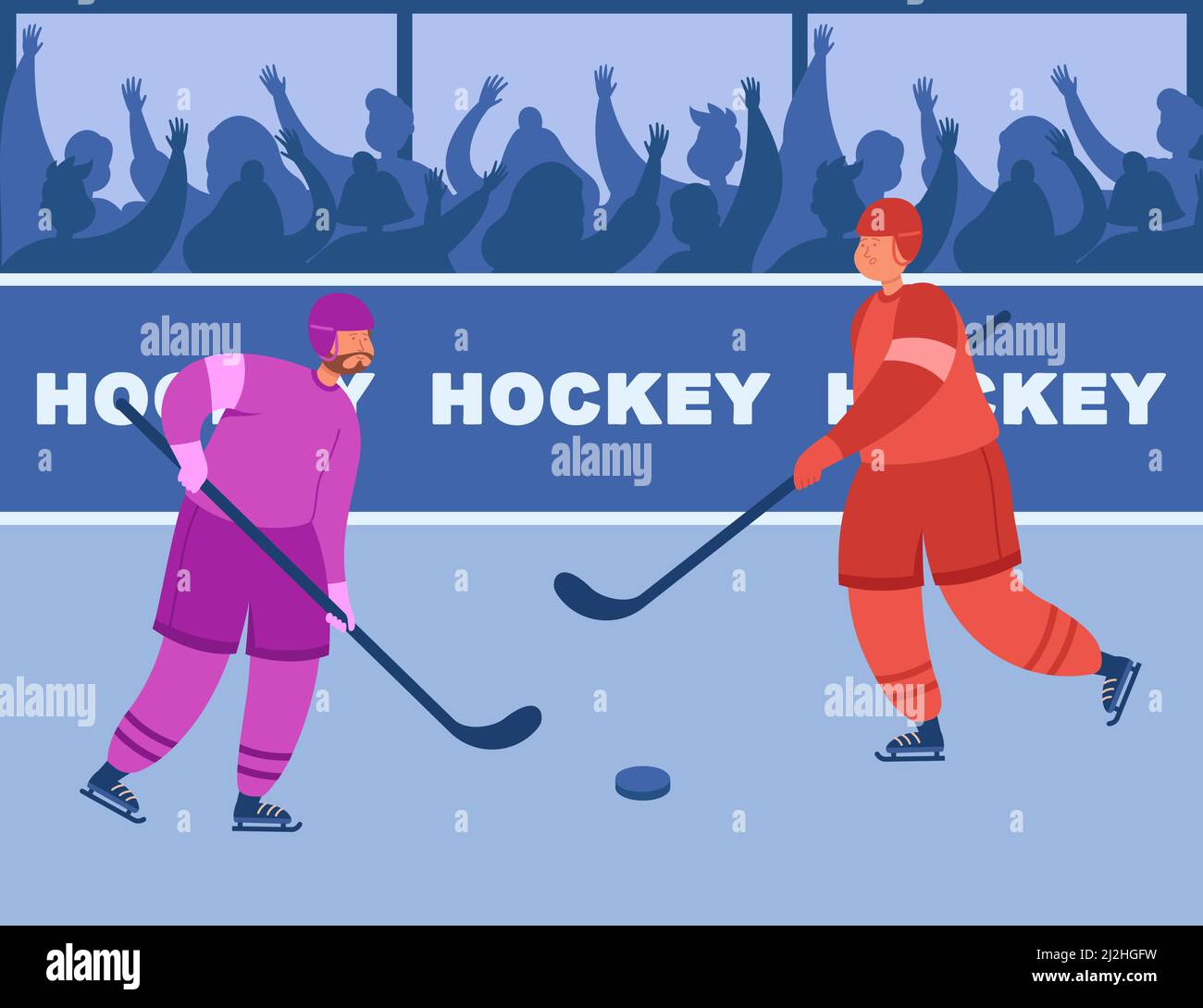 Zwei Eishockeyspieler verschiedener Teams kämpfen um Puck. Eishockey-Meisterschaft mit Zuschauern kostenlose flache Vektor-Illustration. Sport, Meisterschaft, c Stock Vektor