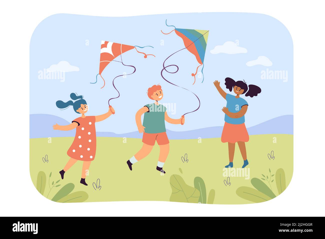 Kinder fliegenden Drachen flache Vektor-Illustration. Junge und Mädchen gehen auf dem Rasen und spielen zusammen. Outdoor-Aktivitäten, Spaß-Konzept Stock Vektor