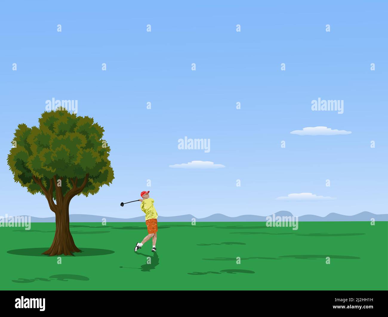 Golfer spielen Golf auf dem Golfplatz mit Bergen und Himmel im Hintergrund. Stock Vektor