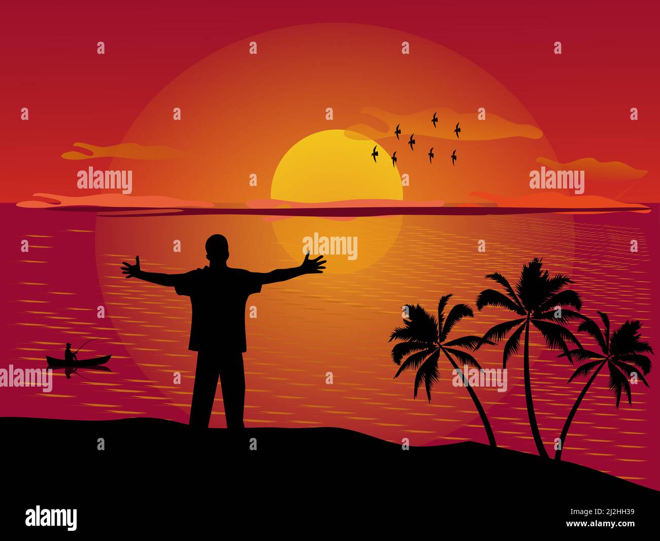 Eine Silhouette eines Mannes, der mit ausgestreckten Armen auf einem Berg mit dem Meer und dem Sonnenuntergang im Hintergrund steht. Stock Vektor