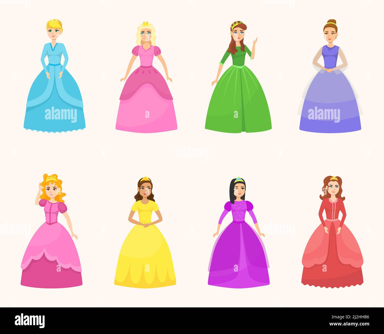 Junge schöne Prinzessinnen in verschiedenen Posen Cartoon Vektor Illustration Set. Elegante Märchenfrauen in bunten Kostümen und Kleidern für Kinder auf li Stock Vektor