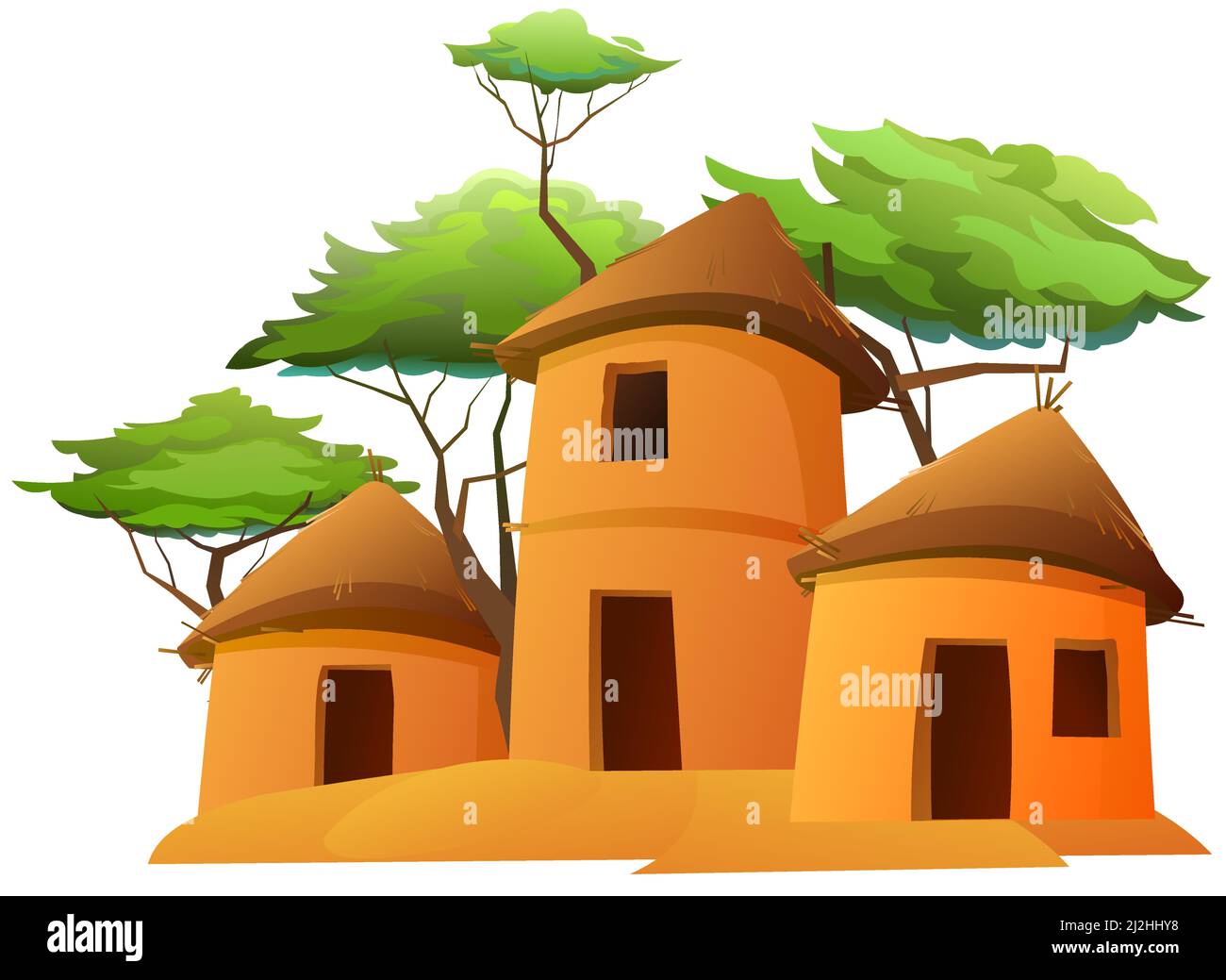Afrika-Dorf. Ländliche Häuser aus Lehm und Stroh. Afrikanische Landschaft. Runde Gebäude. Akazienbäume. Isoliert auf weißem Hintergrund. Vektor. Stock Vektor
