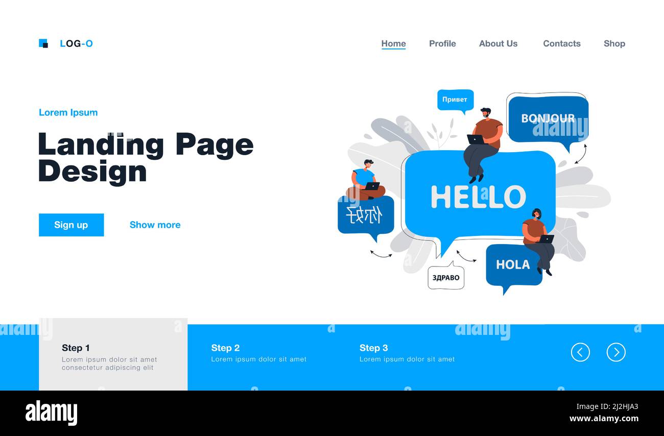 Cartoon kleine Menschen mit internationaler Kommunikation online. Flache Vektorgrafik. Menschen, die auf riesigen Sprechblasen sitzen und sich unterhalten, sind unterschiedlich Stock Vektor