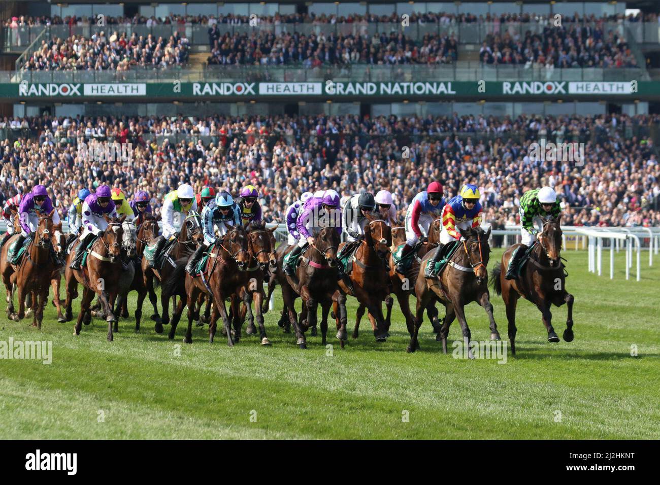 Aintree, Liverpool, Großbritannien, 6.. April 2019. 13:45 Grand National Meeting. Läufer und Reiter der Gaskells Handicap-Hürde (Klasse 3) (Klasse 1) (4YO plus). Stockfoto