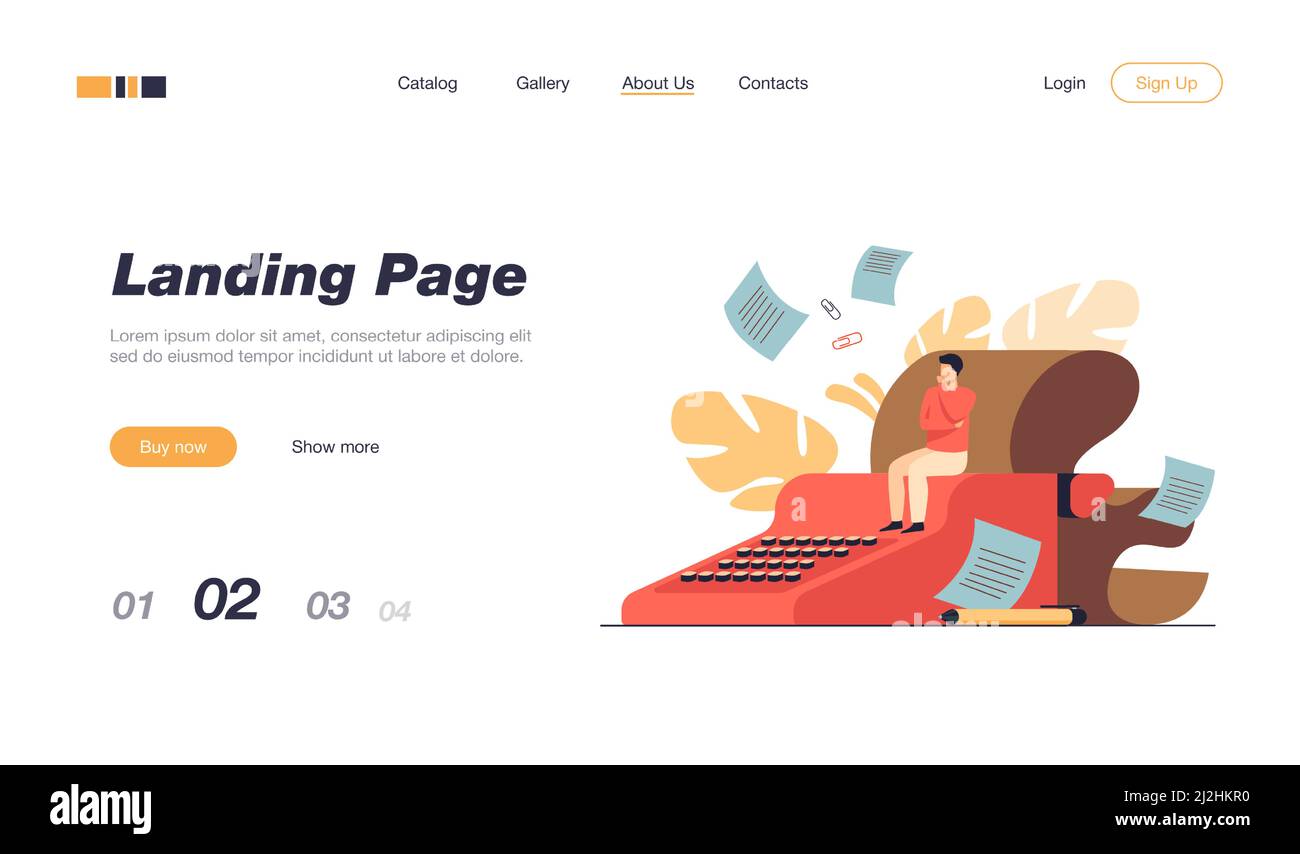 Winziger Drehbuchautor, der auf einer Retro-Schreibmaschine sitzt, das Drehbuch nachdenkt, während Papierentwürfe um den Autor herumfliegen. Vektorgrafik für kreative Arbeit, Buch Stock Vektor