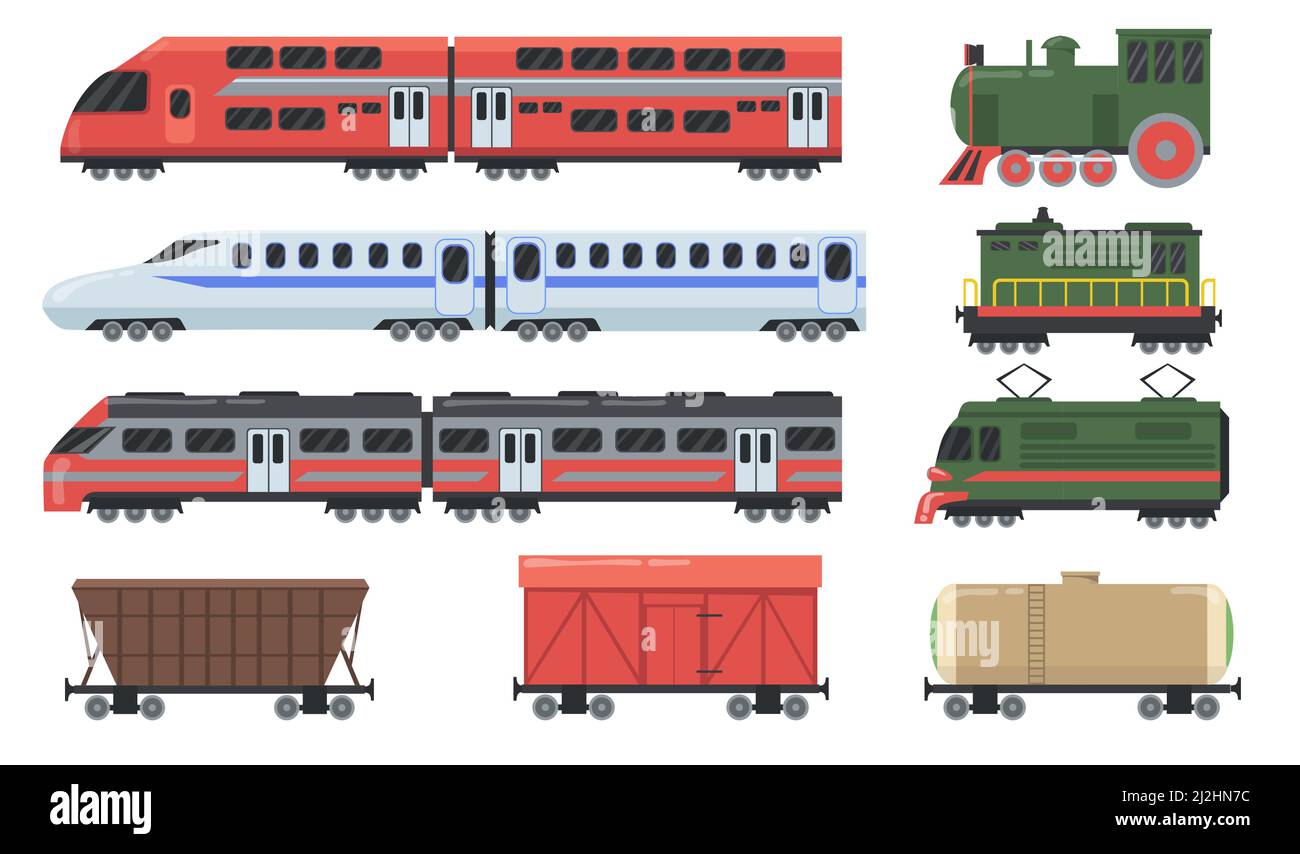 Verschiedene Züge eingestellt. Lokomotive, Personenwagen, Güterwagen, Tankwagen, Pendlerbahn. Vektorgrafiken für Reisen, Pendeln, Fracht, Bahn Stock Vektor