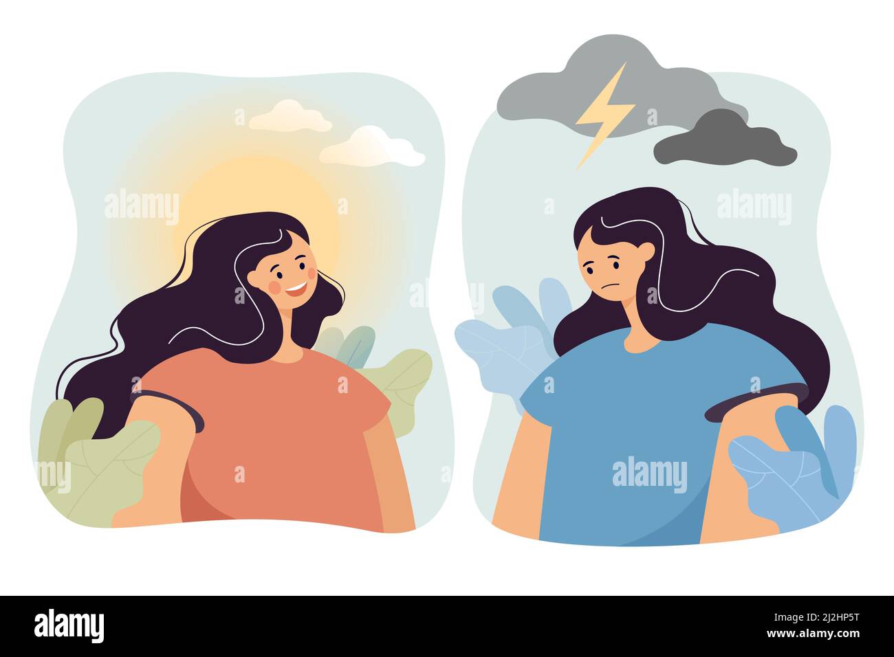 Ruhiges Mädchen mit weißer Wolke und Sonne über dem Kopf und wütendes Mädchen in Stress mit Donner und Sturm. Frau in schlechter und guter Laune flache Vektor-Illustration. Pr Stock Vektor