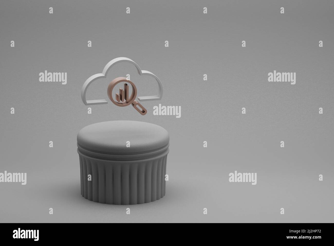 Schöne abstrakte Illustrationen Wolke mit Such-Symbol-Icons auf einer Beton-Spalte und wunderbaren Hintergrund. 3D Rendering-Illustration. Hintergrundfarbe Stockfoto