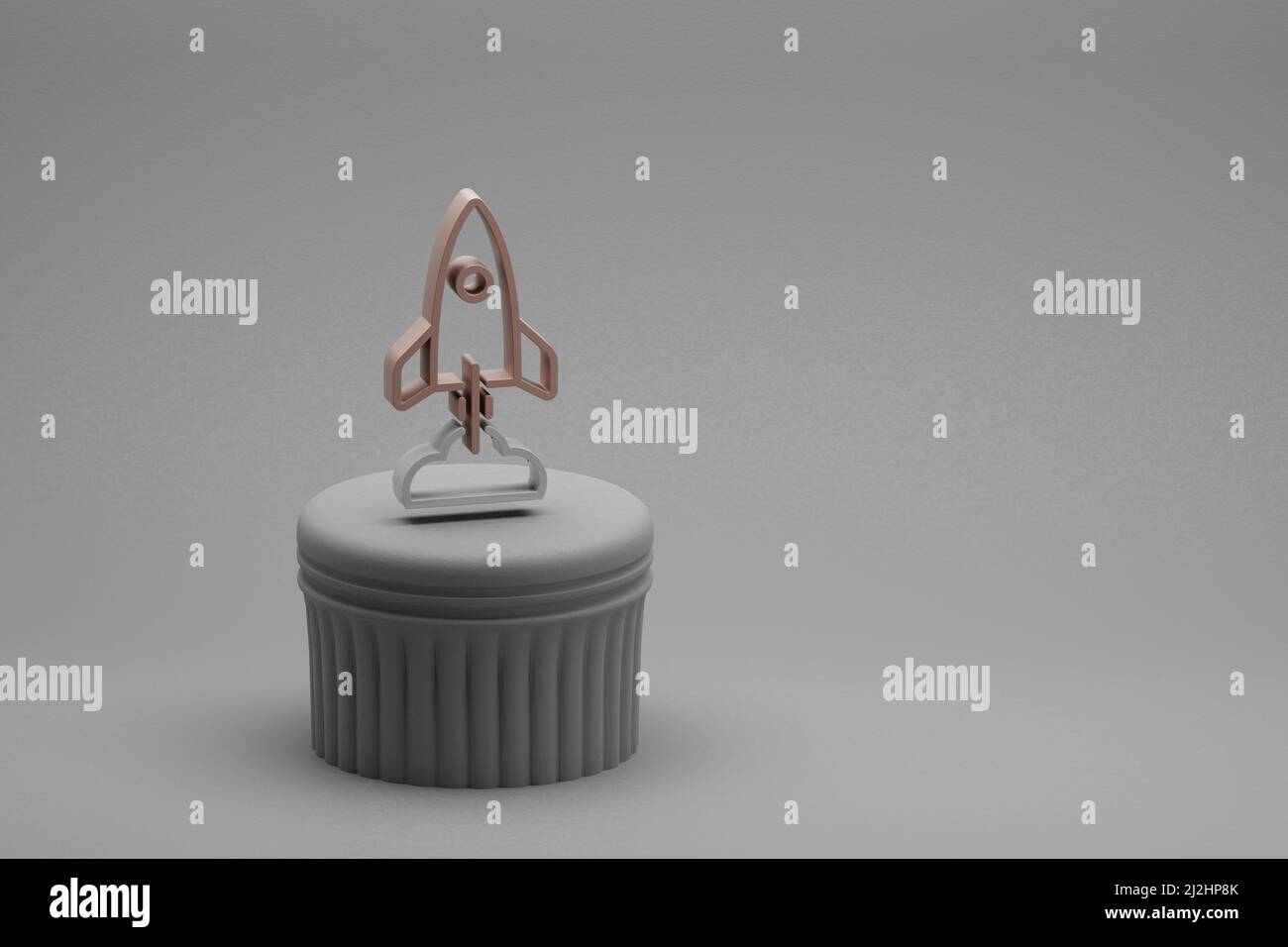 Schöne abstrakte Illustrationen Rakete mit Wolke Symbol-Symbole auf einer Beton-Säule und wunderbaren Hintergrund. 3D Rendering-Illustration. Hintergrundfarbe Stockfoto