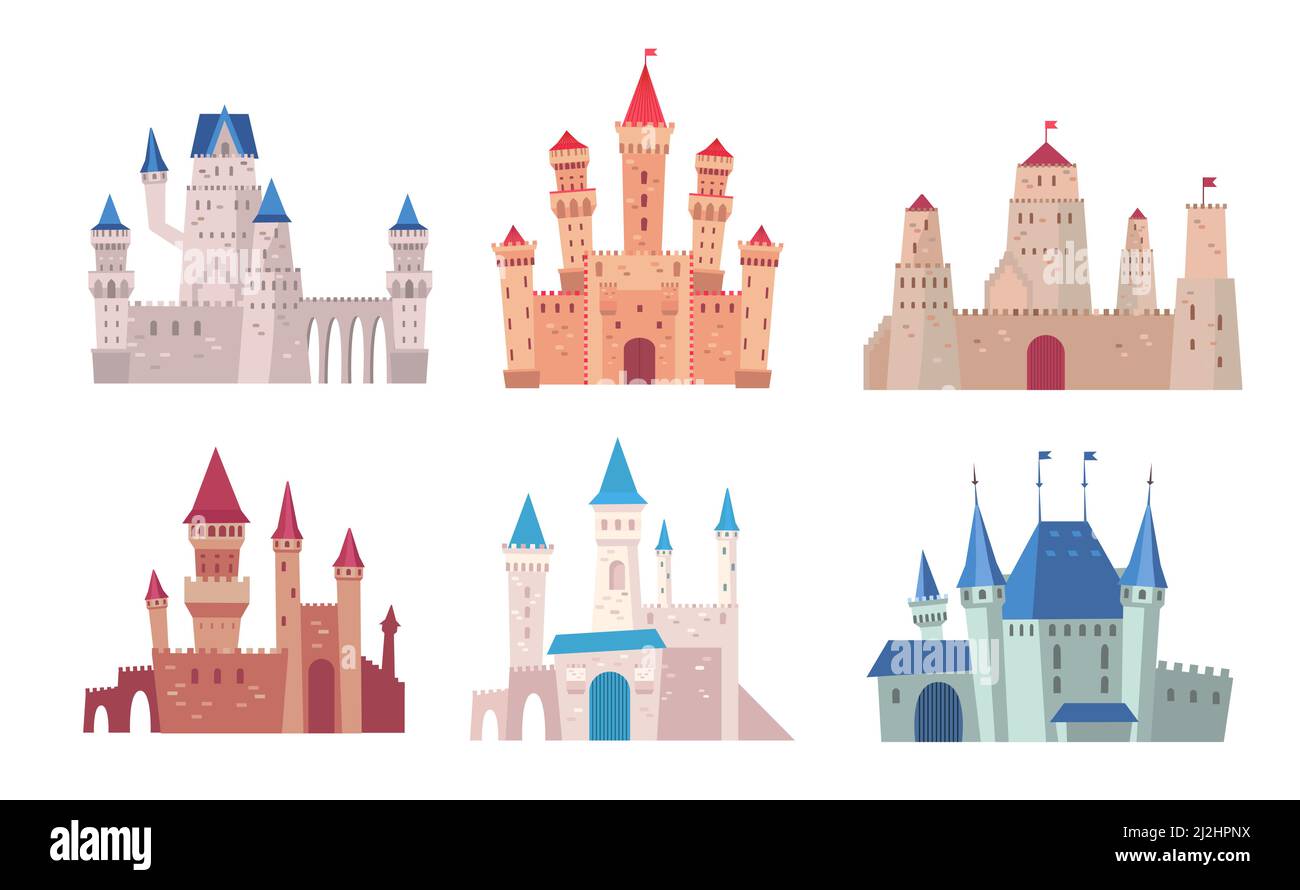 Burgen Cartoon Illustration Set. Gotische Architektur, märchenhafter Palast und mittelalterliche Festungsclipart-Sammlung. Geschichte, alte Architektur concep Stock Vektor