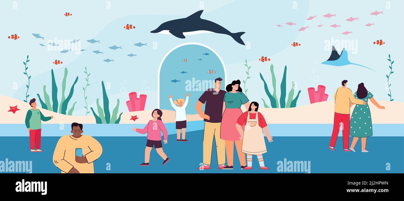 Cartoon-Eltern und Kinder, die durch den Unterwasserzoo laufen. Meerwasseraquarium mit flachen Vektorgrafiken von Meerestieren. Familienaktivitäten, Meerestiere, Faun Stock Vektor