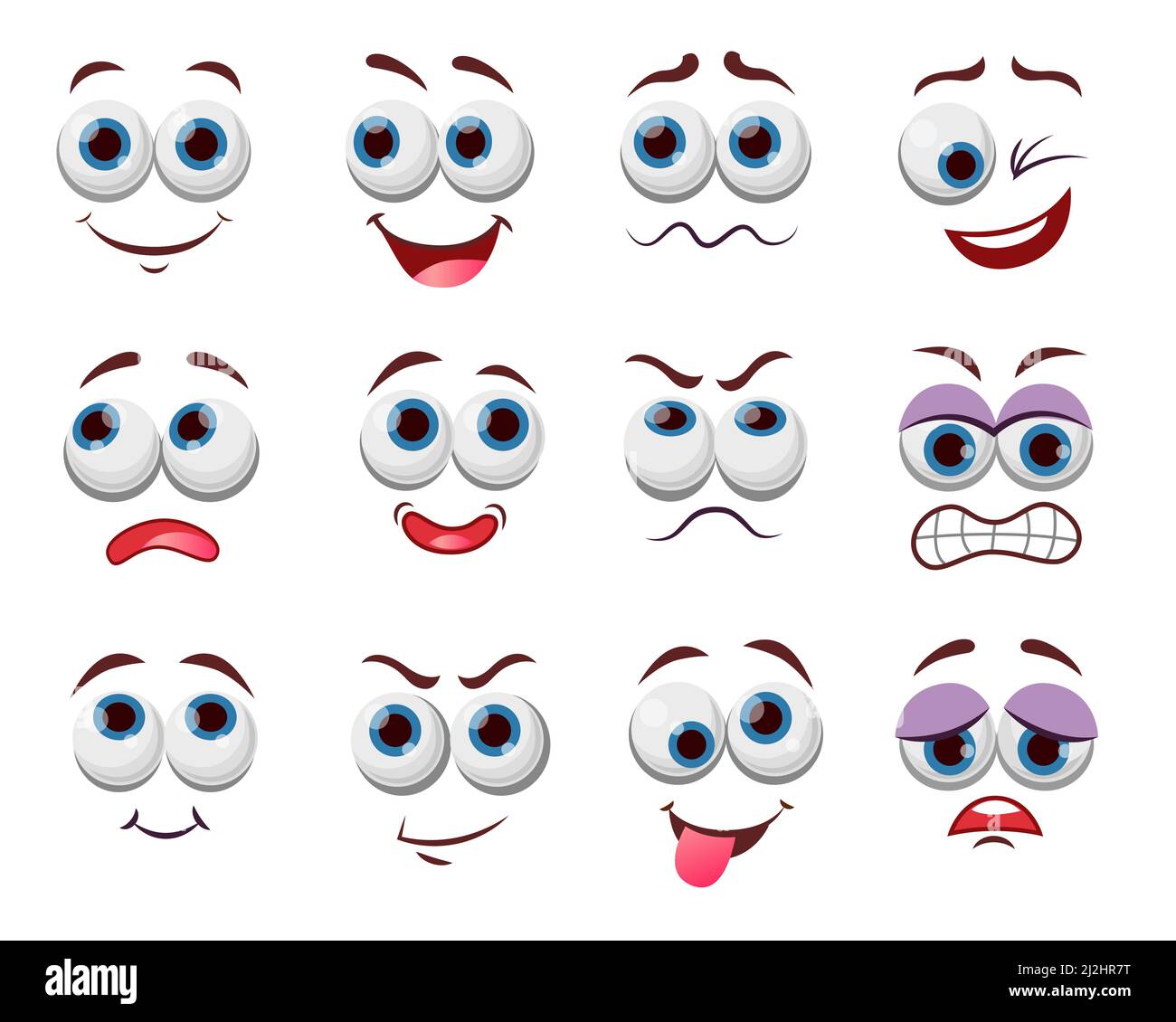 Comic Gesichtsausdrücke Vektor Illustrationen Set. Augen und Mund von niedlichen, lustigen oder verärgerten Zeichentrickfigur, Emoticon mit glücklichen Lächeln Zeichnungen isoliert Stock Vektor