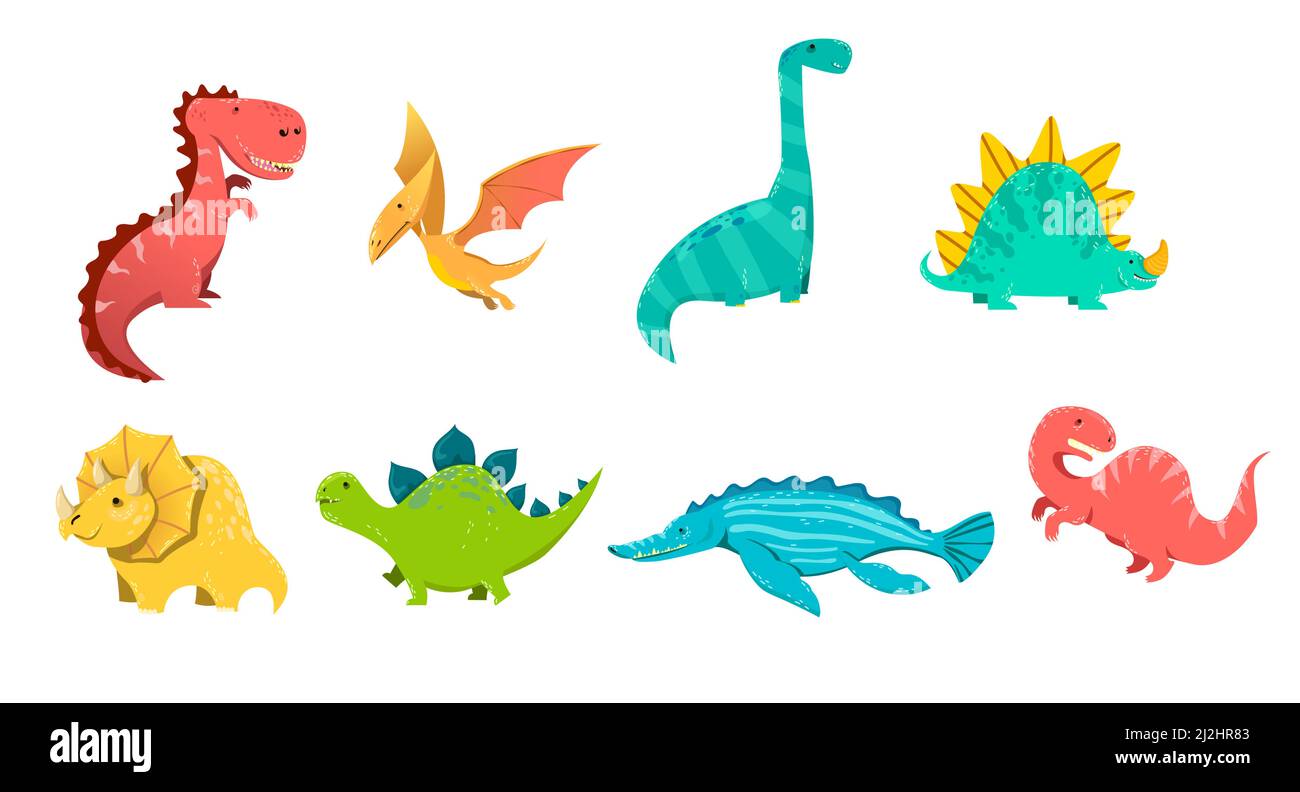 Niedliche Set von prähistorischen Dinosauriern. Vektor-Illustrationen von Baby Dino und lustigen Drachen. Cartoon-Kollektion mit Stegosaurus triceratops pterodactyl ist Stock Vektor