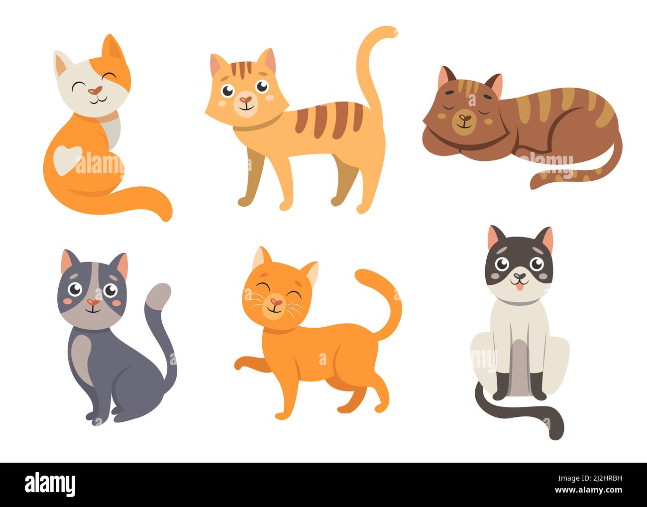 Niedliche Katze Cartoon Figuren Vektor Illustrationen Set. Katzen mit herzförmigen Nasen, fröhliche flauschige Kätzchen lächeln, orange und graue Kätzchen sitzen auf w Stock Vektor