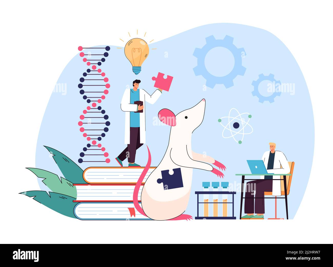 Genetische Laborforschung und Experiment von winzigen Wissenschaftlern. Menschen testen dna-Modifikationen, halten Puzzle in den Händen flache Vektor-Illustration. Bio Stock Vektor