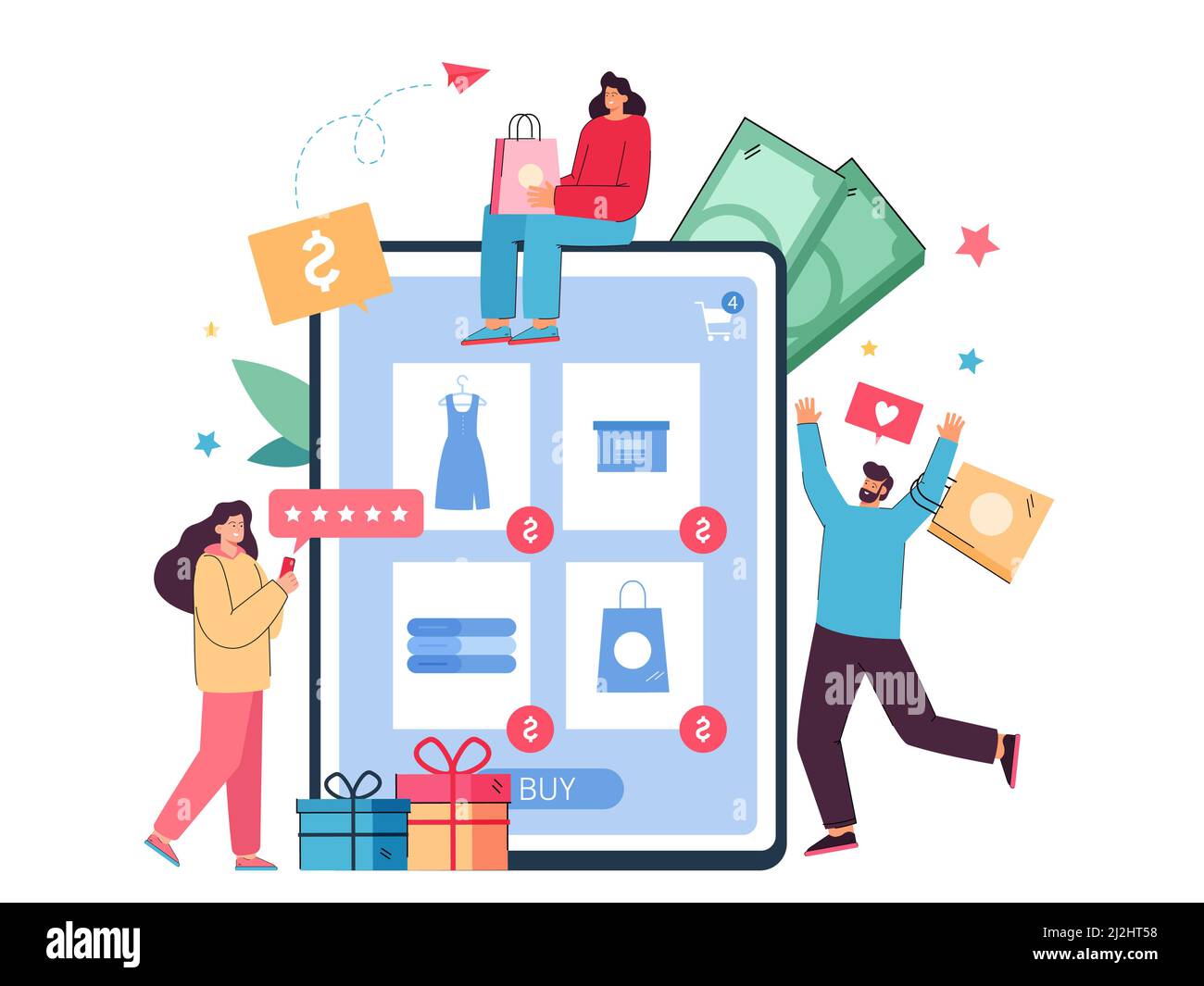 Eine Gruppe verrückter Shopaholics, die Einkäufe im Online-Shop tätigen. Riesige Tablet, Kunden kaufen aus Internet-Shops flache Vektor-Illustration. Online-Shop Stock Vektor