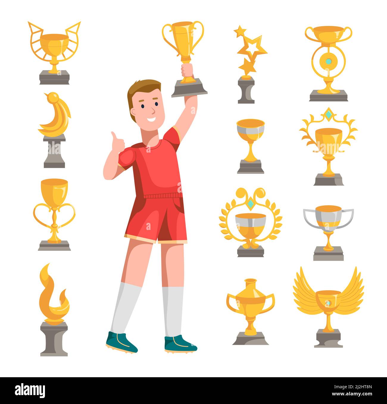 Goldene Trophäe Tassen in verschiedenen Formen für Sport oder Wettbewerbe Cartoon-Vektor-Illustration-Set. Glücklicher Gewinner, der die goldene Trophäe als Belohnung erhält. Preis AW Stock Vektor