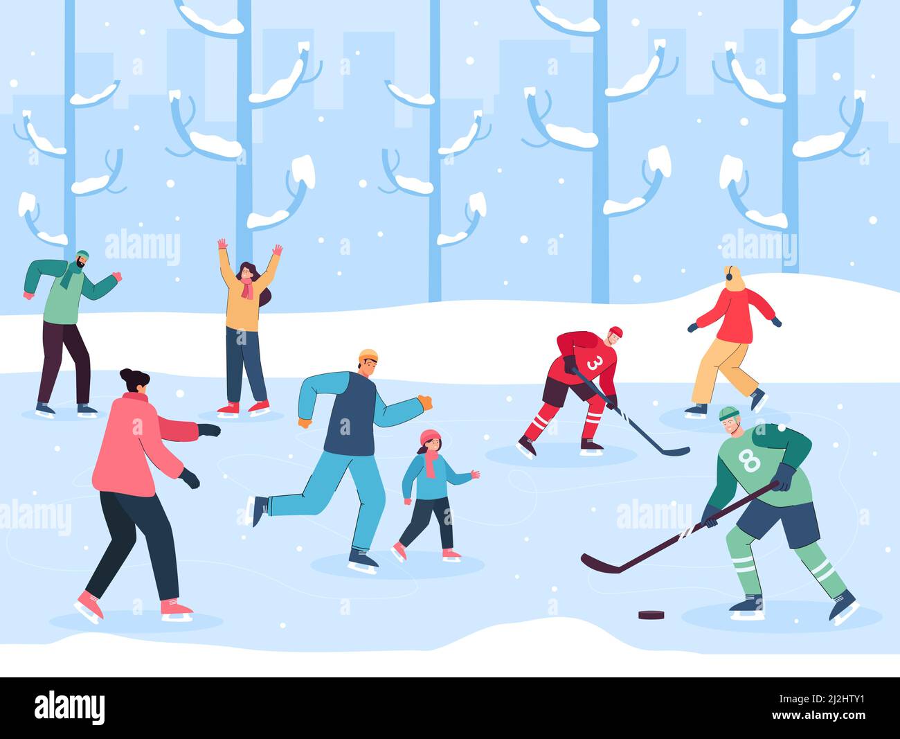 Eisbahn mit Schlittschuhlaufen und Hockeyspielen. Erwachsene und Kinder haben Spaß im Winter flache Vektor-Illustration. Sport, Familie, Winter, Outdoor AC Stock Vektor