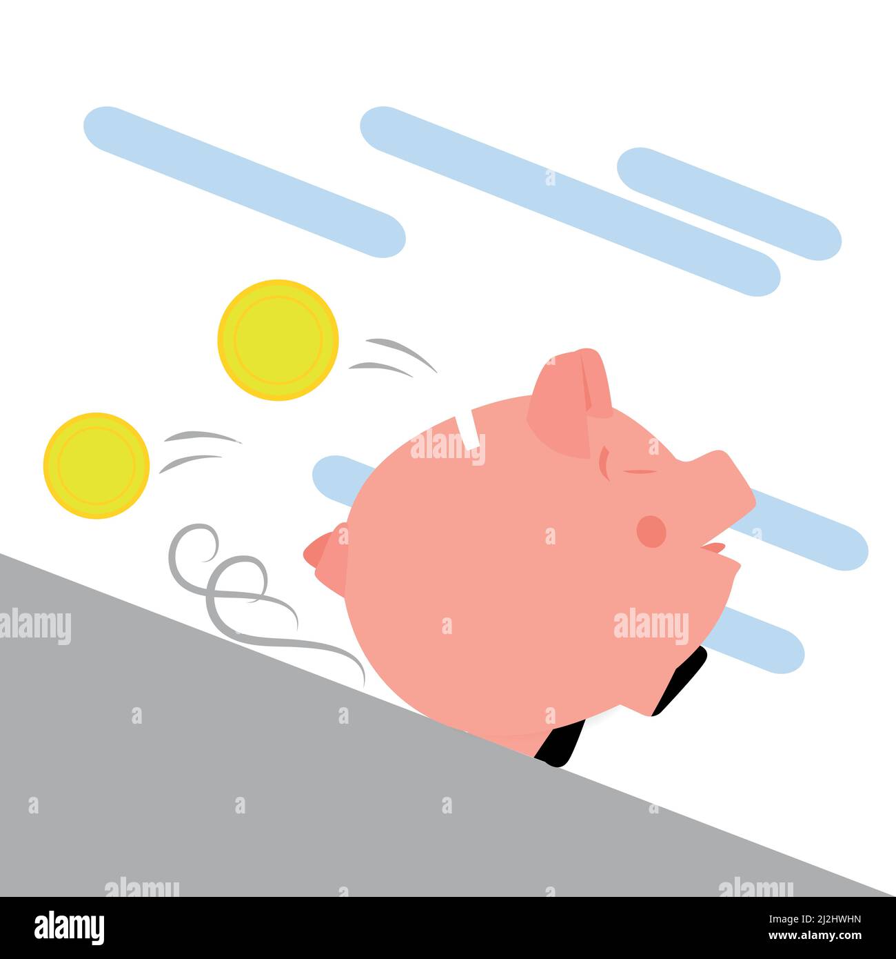 Sparschwein fällt bergab und verliert Münzen. Konzept der Inflation und des Verlusts von Ersparnissen Stock Vektor