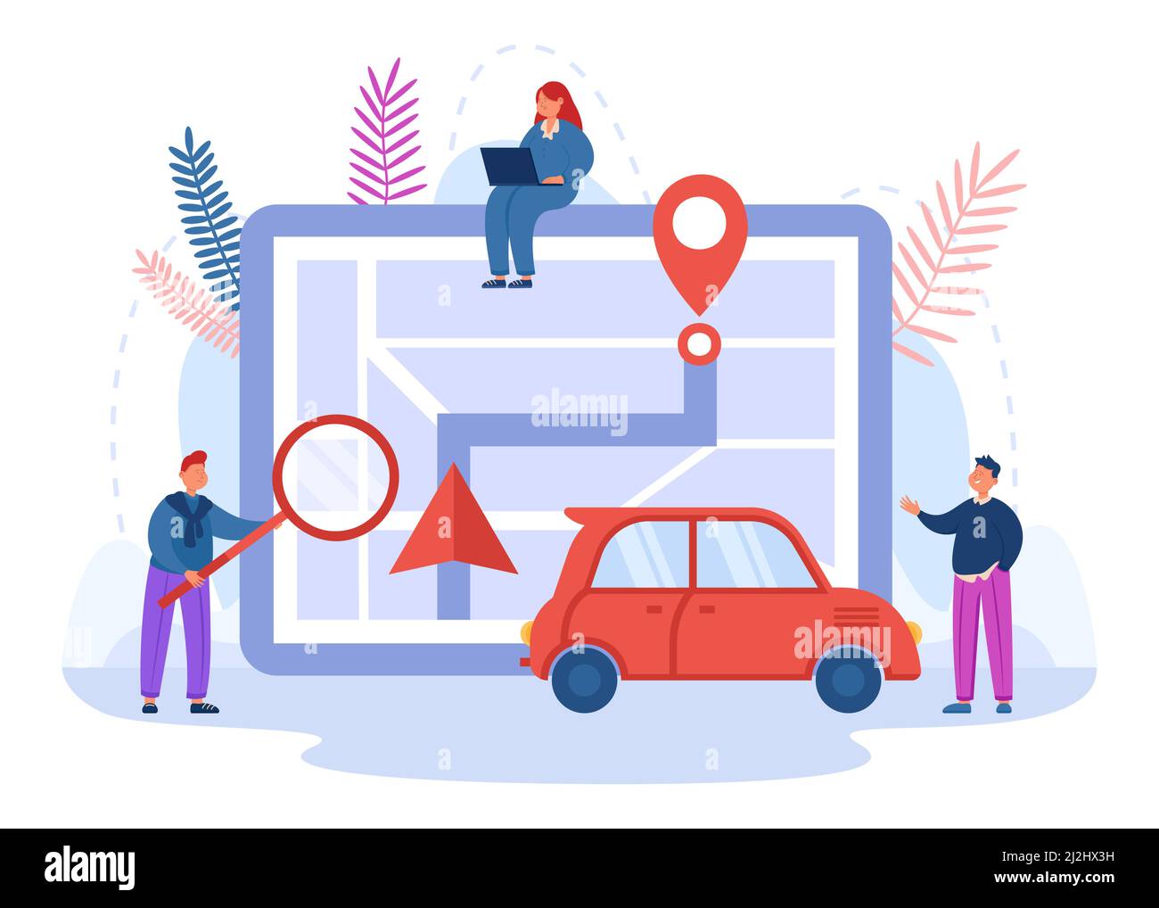 Personen, die mit der Online-Anwendung unterwegs sind, können Transportmittel teilen. Geschäftsleute mit Stadtplan finden Richtung Auto, Mietwagen flach Vektor-illus Stock Vektor