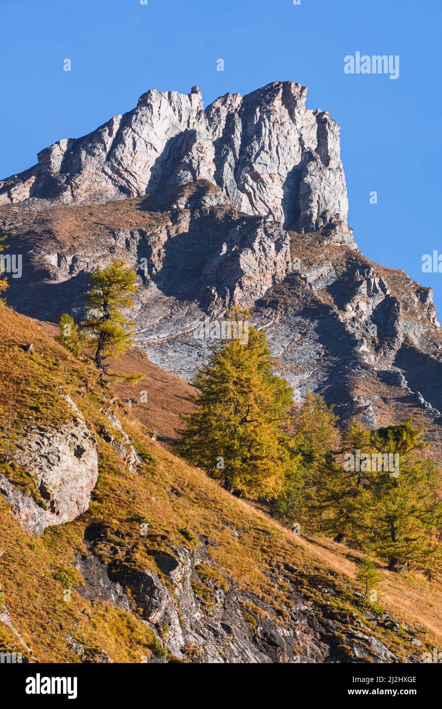 Die Berge der Lepontiner Alpen und die Wälder während eines schönen Herbsttages, in der Nähe des Dorfes San Domenico di Varzo, Piemont, Italien. Stockfoto