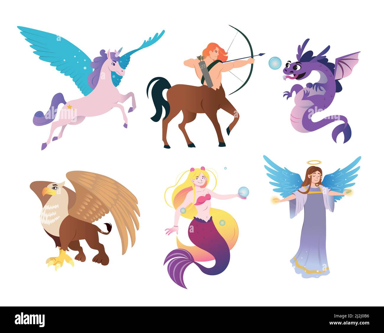 Antike griechische Monster flache Vektor-Illustrationen Set. Fabelwesen-Charaktere, Zentaur, Pegasus, Meerjungfrau, Drache, Angel, Greifen isoliert auf whit Stock Vektor