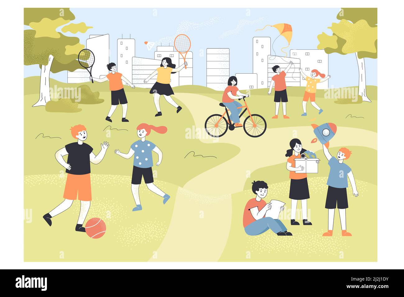 Nette kleine Kinder verbringen Zeit im Park oder Sommercamp. Kinder spielen Fußball und Badminton auf Spielplatz flache Vektor-Illustration. Kindheit, outd Stock Vektor