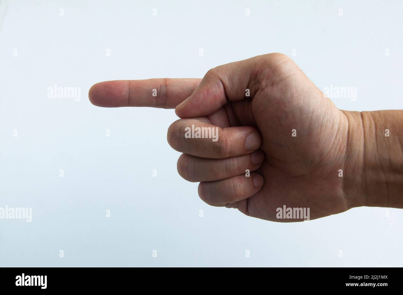 Asiatische Mann Hand zeigt mit weißem Hintergrund. Stockfoto