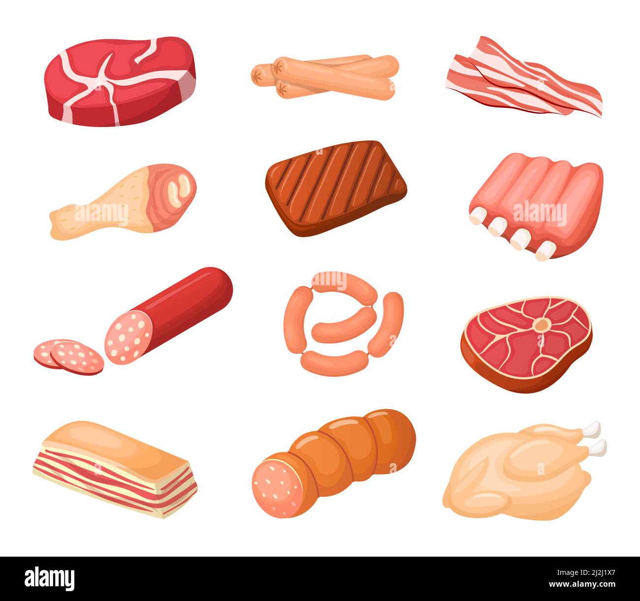 Verschiedene Fleisch Cartoon Produkte Vektor-Set. Huhn, Würstchen und Speck. Sammlung von Steaks, Schwein und Rippchen. Rind, Schinken, Filet und Lamm, Produkt Ingerdi Stock Vektor