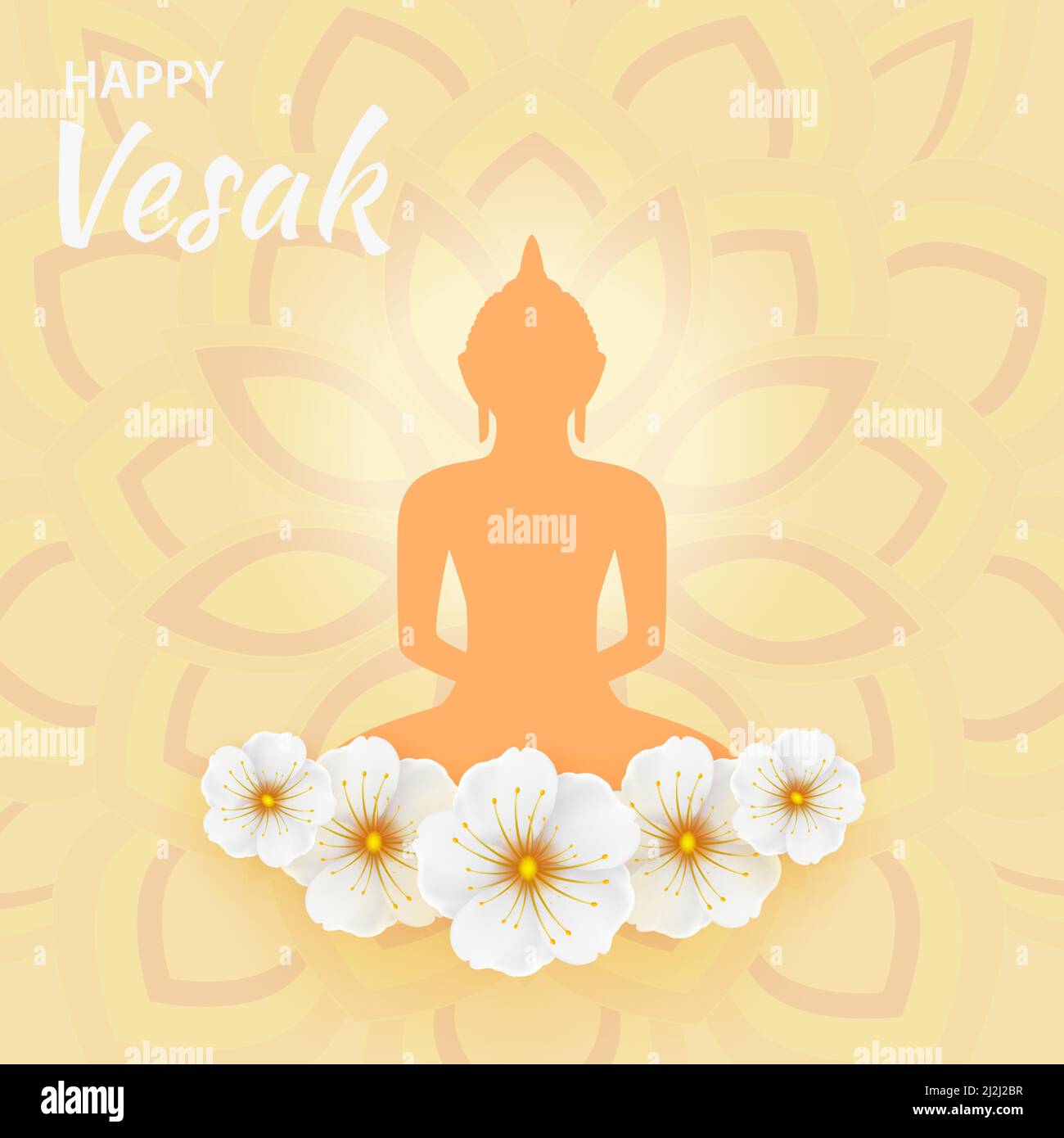 Poster für Buddha Purnima oder Vesak Day mit Buddha Silhouette, Blumen und Mustern. Vektor Stock Vektor