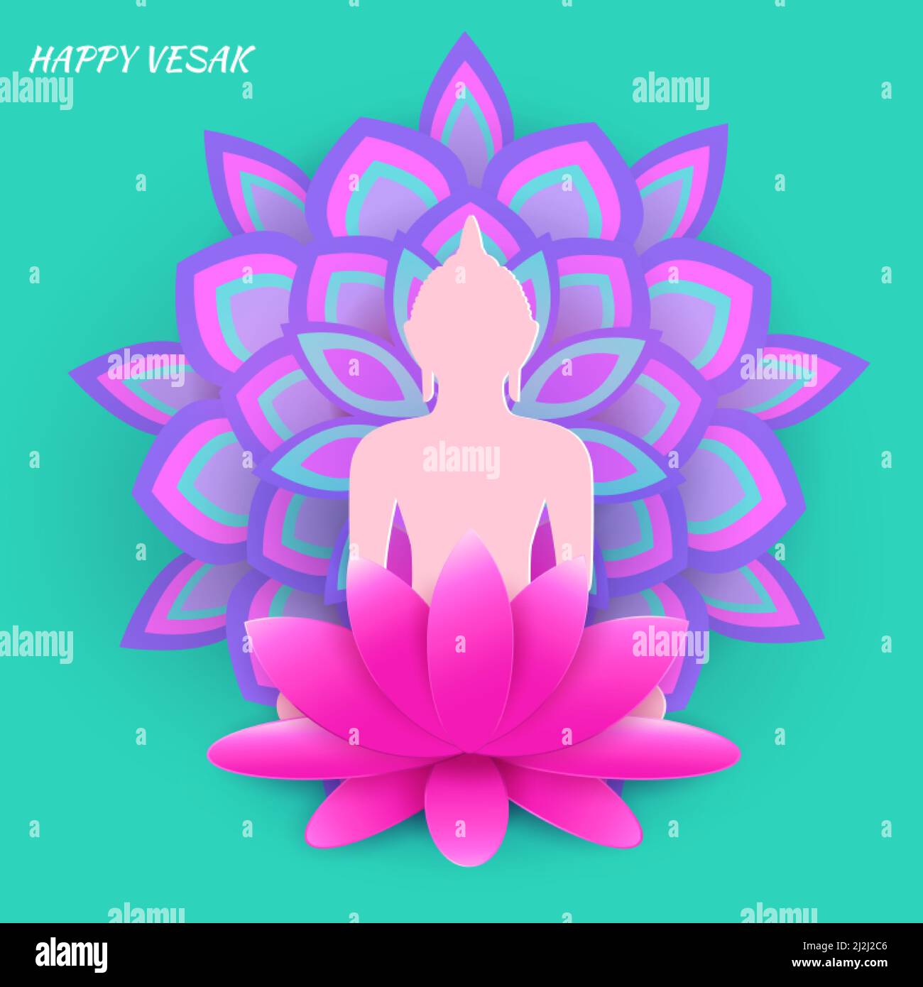 Poster für Buddha Purnima oder Vesak Day mit Buddha Silhouette, Blumen und Mustern. Stock Vektor