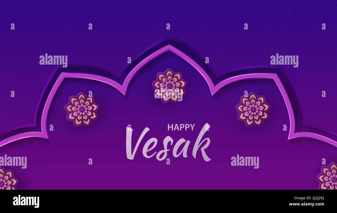 Poster für Buddha Purnima oder Vesak Day mit Buddha Silhouette, Blumen und Mustern. Stock Vektor