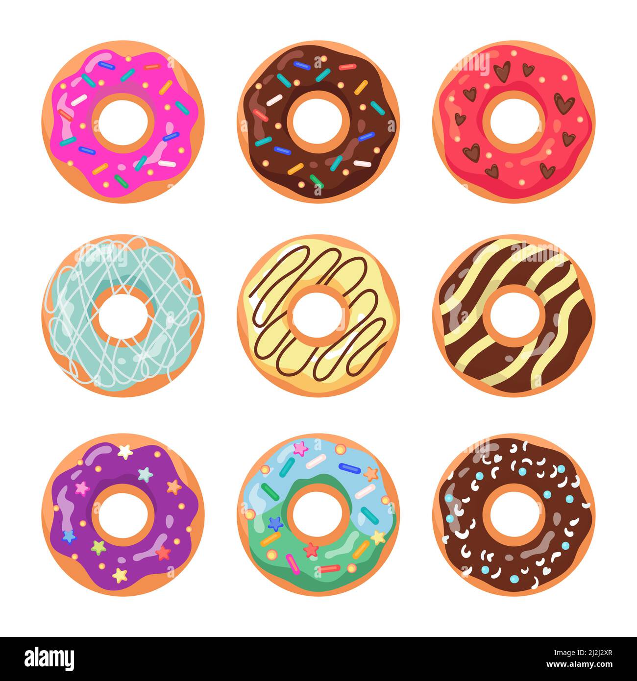 Glasierte Donuts flache Vektor-Illustrationen-Set. Trendiges Donuts-Muster, süßer Kreis orange Kuchen aus Teig mit Schokoladencreme isoliert auf weißem Bac Stock Vektor