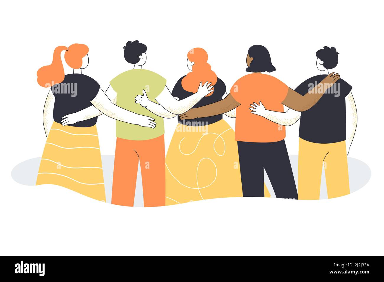 Rückansicht eines Teams von Zeichentrickfilmen Männer und Frauen umarmen. Menge von Menschen von hinten, Freunde, Community flache Vektor-Illustration. Kommunikation, Teamarbeit, Stock Vektor