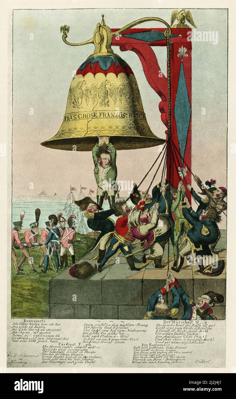 Le Grand Empire francais ou la cloche, caricature allemande contre Napoleon ( 1769-1821), qui salue la chute de Bonaparte. Stockfoto