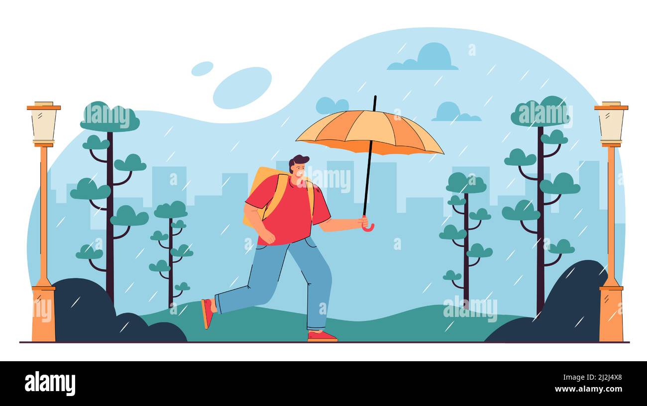 Männliche Zeichentrickfigur läuft im Regen mit Regenschirm. Mann im Stadtpark beim Regen flache Vektor-Illustration. Wetter, Herbst, Jahreszeiten Konzept für BA Stock Vektor