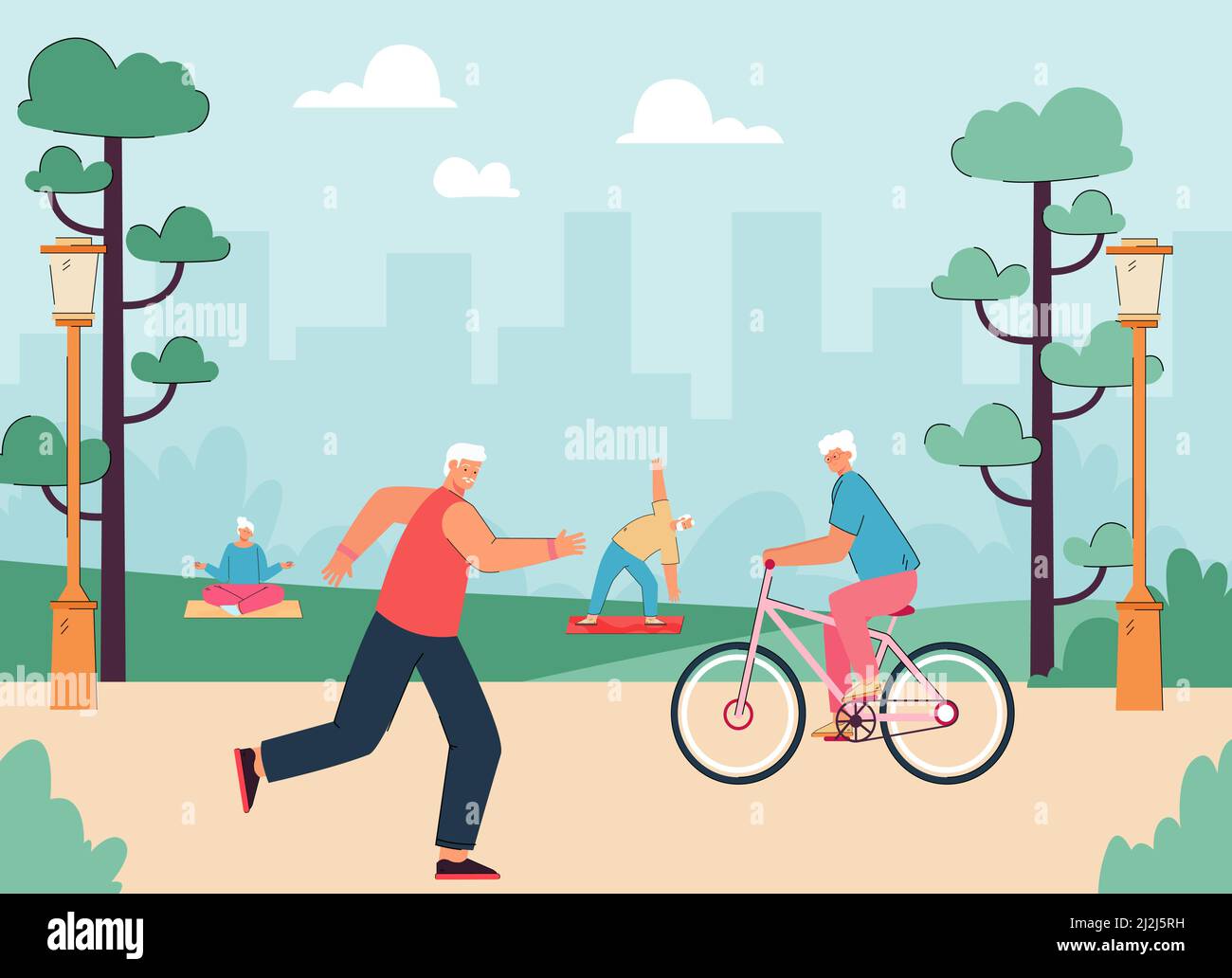 Alte Sportler Männer und Frauen laufen im Stadtpark, Fahrrad fahren, aktive Übungen machen. Aktive Großmütter in der Natur flache Vektor-Illustration. Gesundheit Stock Vektor