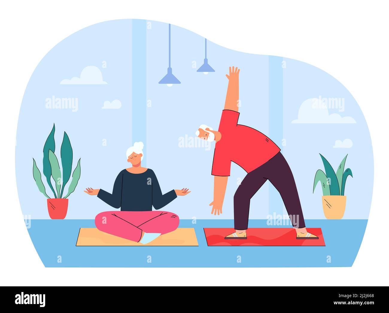 Aktives, sportliches, älteres Paar, das zu Hause gemeinsam Yoga praktiziert. Flache Vektordarstellung eines reifen Mannes und einer reifen Frau, die Meditat trainieren Stock Vektor