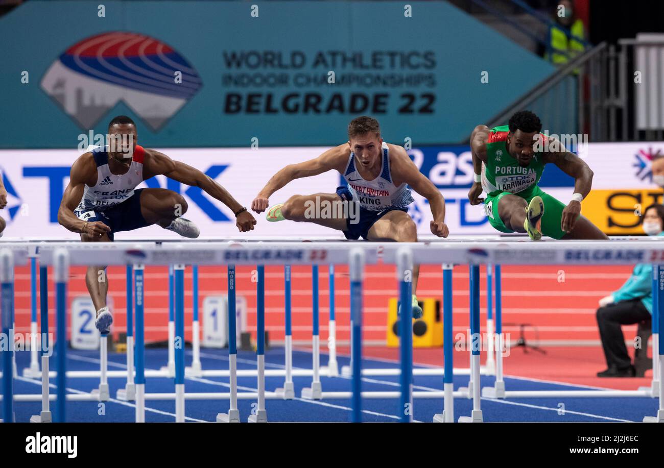 Wilhem Belocian FRA, David King GB & NI, Abdel Kader Larrinaga POR treten am dritten Tag des World Athletics Indoor Cham bei den 60m Hürden der Männer an Stockfoto