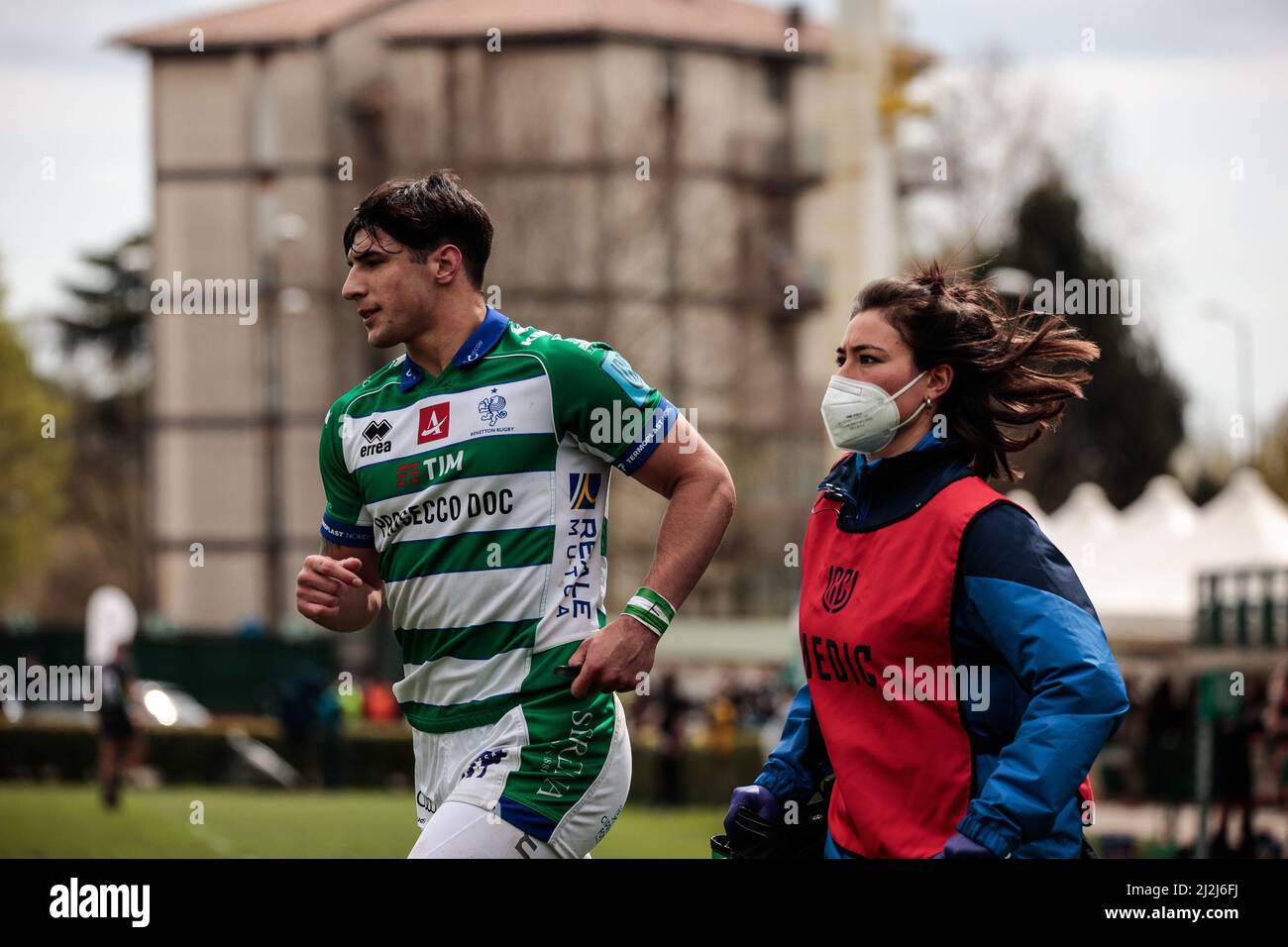 Monigo Stadium, Treviso, Italien, 02. April 2022, Tommaso Menoncello (Benetton Rugby) während des Spiels von Benetton Rugby gegen Connacht Rugby - United Rugby Championship Stockfoto