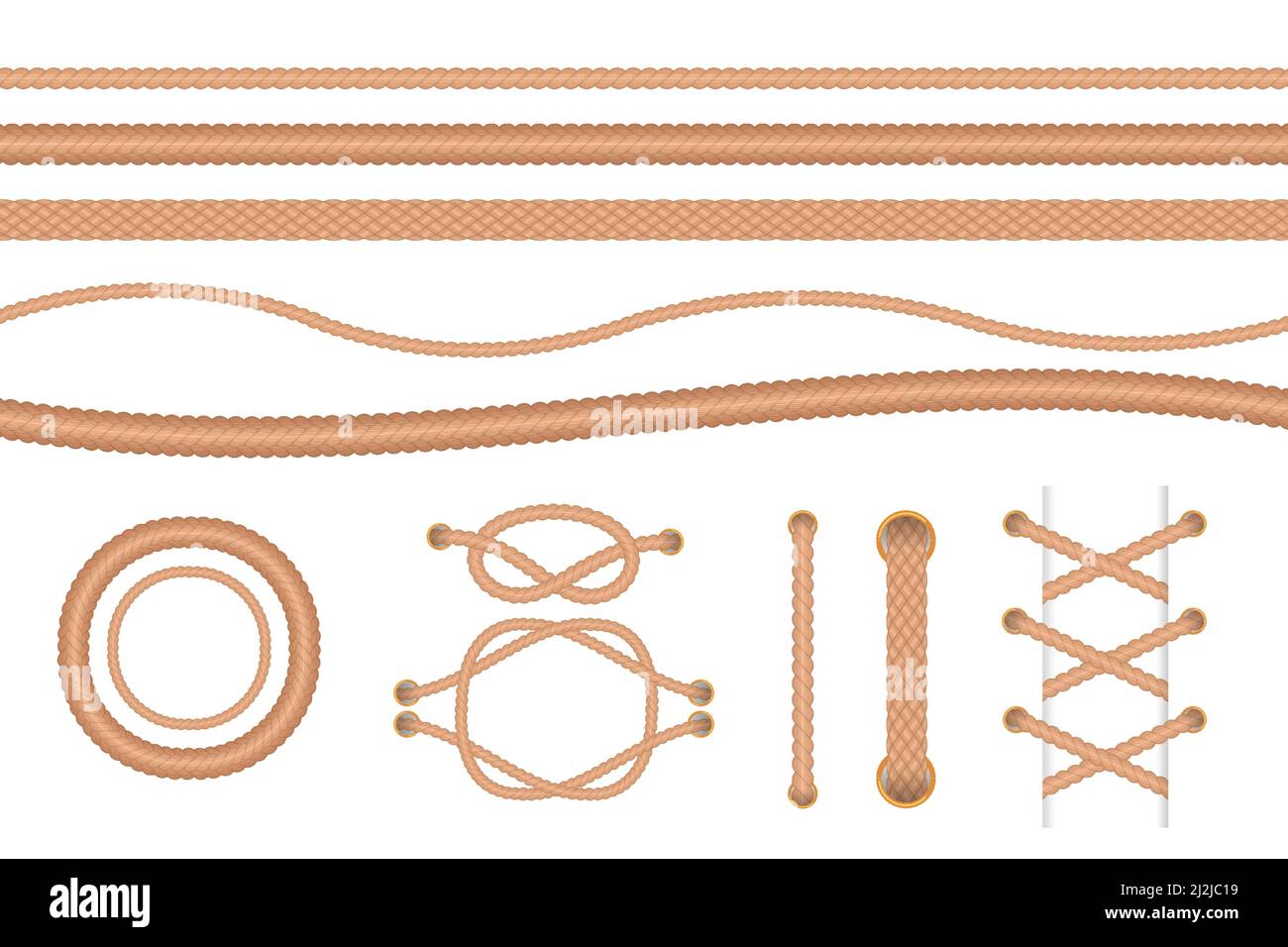 Verschiedene Arten von Seil Vektor Illustrationen Set. Sammlung von Zeichentrickzeichnungen von Seeknoten und Schleifen, nautische Grenze isoliert auf weißem Hintergrund Stock Vektor