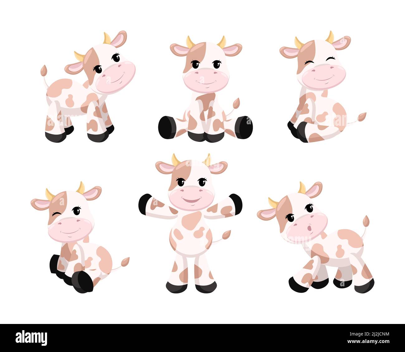 Happy Baby Kuh in verschiedenen Posen Cartoon Illustration Set. Niedliche kleine Wadenfigur mit braunen Flecken sitzend, wandelnd, lächelnd, zwinkend auf weißem Ba Stock Vektor