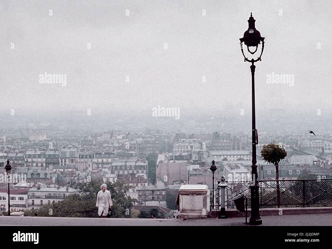 Monmartre und darüber hinaus, Paris von der Sacre Coeur eine romantisierte Ansicht  Fotolillustration. Archivaufnahme aus Transparentfolie gescannt; 1974 Stockfoto