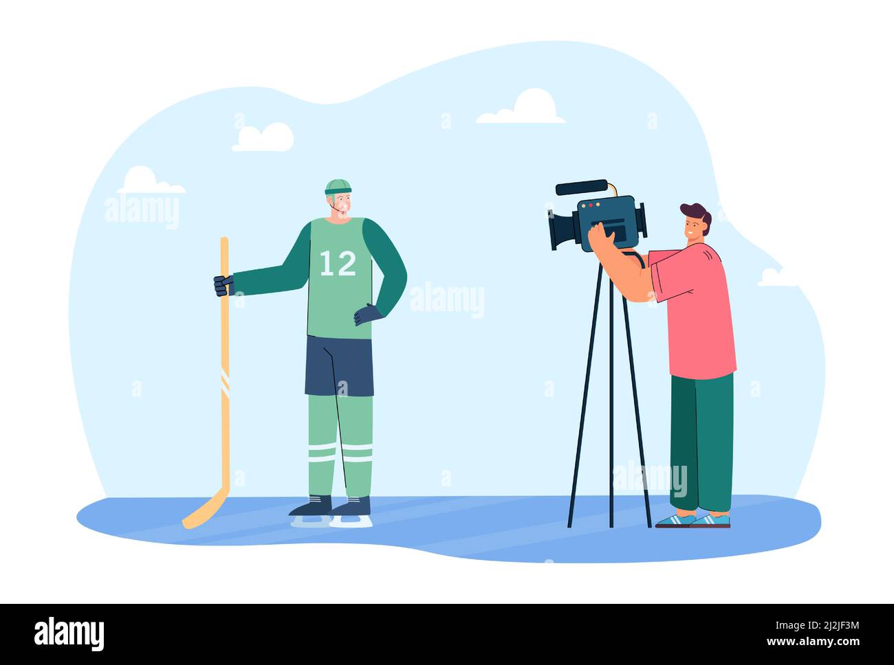 Videooperator filmt Hockeyspieler vor der Kamera. Sportler in Uniform posiert für Kamera oder geben Interview flache Vektor Illustration. Sportkonzept für Stock Vektor