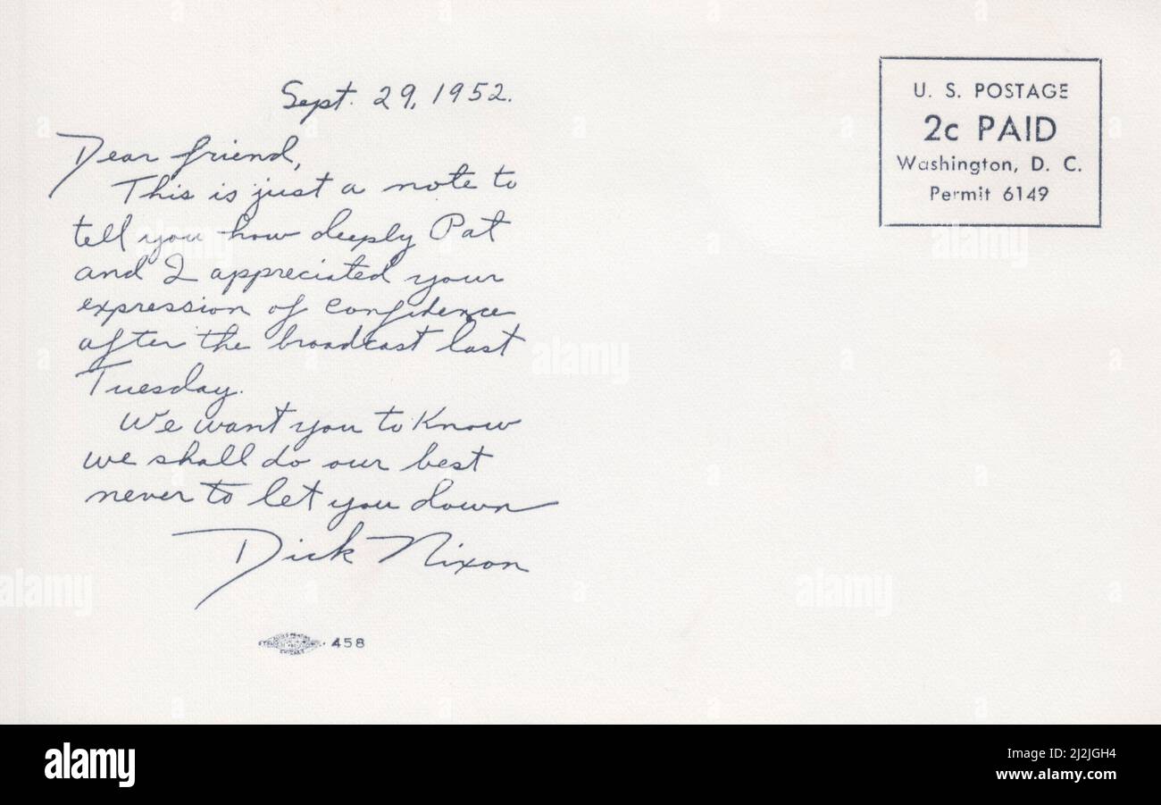 Postkarte, die von Richard Nixon an Anhänger geschickt wurde, die nach der Rede der Checkers geschrieben hatten - September 1952 Stockfoto
