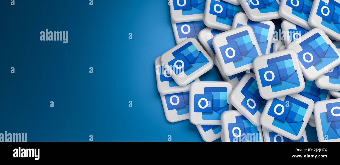 Logos der Microsoft Frontend-Software Outlook zur Bearbeitung von E-Mails, Kalendern, Kontakten, Aufgaben und Benachrichtigungen. Webbanner-Format mit Kopierbereich Stockfoto